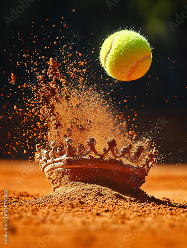 Tennis ball bounces off a crown on clay court, creating a burst of clay dust in the air during an intense match