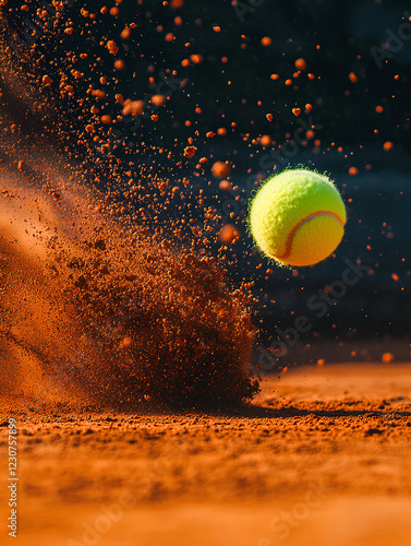 Tennis ball flying through the air on a clay court, with dust and particles rising as it hits the ground during a match, capturing the energy and movement of the game at sunset
