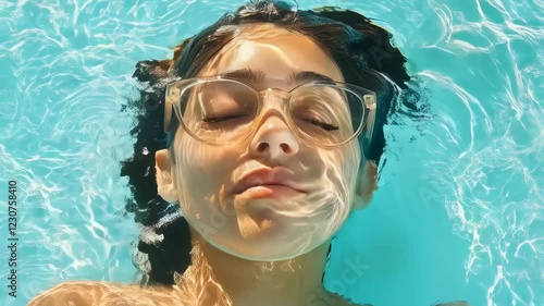 Serene water meditation: young woman floating calmingly with sunlit reflections photo