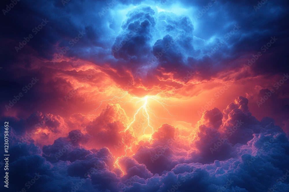 Dramatic lightning storm over rolling clouds nature scene atmospheric view vivid color display Dramatic lightning storm over rolling clouds nature scene atmospheric view vivid color display