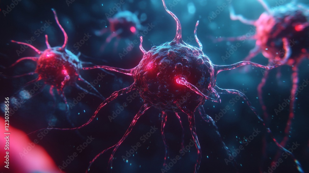 Microscopic View of Glowing Red and Blue Virus Cells in Dark Background
