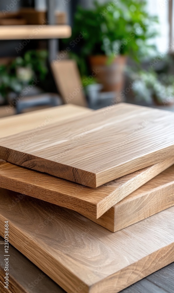 Natural Wood Planks Stacked on a Table Surrounded by Lush Green Plants in a Contemporary Setting Natural Wood Planks Stacked on a Table Surrounded by Lush Green Plants in a Contemporary Setting