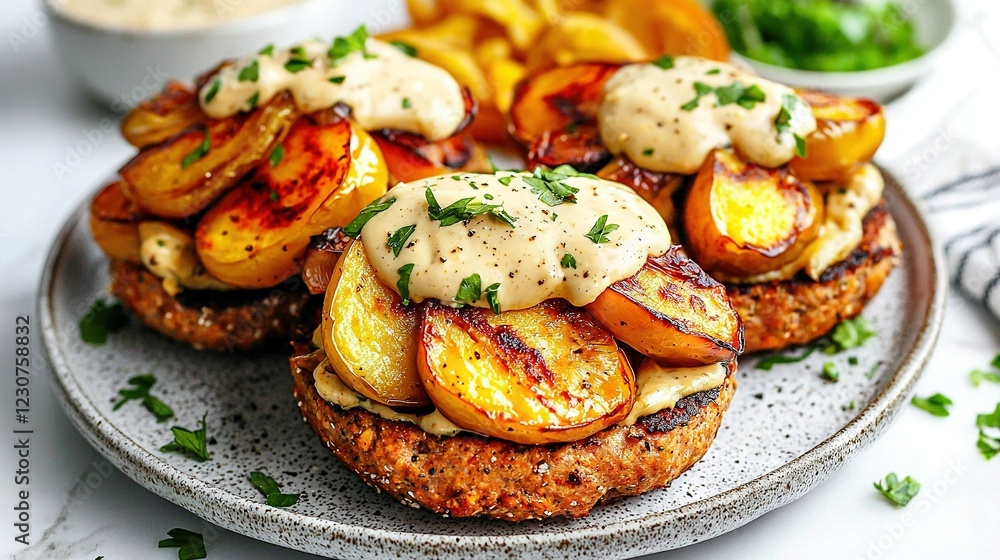 A close-up of a plate of food featuring potatoes and gravy on top of a burger A close-up of a plate of food featuring potatoes and gravy on top of a burger