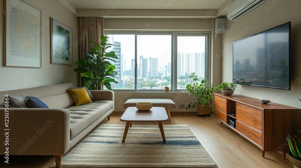Fototapeta premium Modern Apartment Living Room with City View