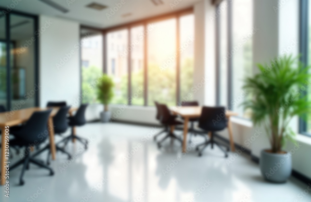 Fototapeta premium Empty modern office space with wooden tables, black chairs. Bright sunlight streams through large windows. Bokeh effect blurs background. Interior design shows tech elements. Corporate work area with