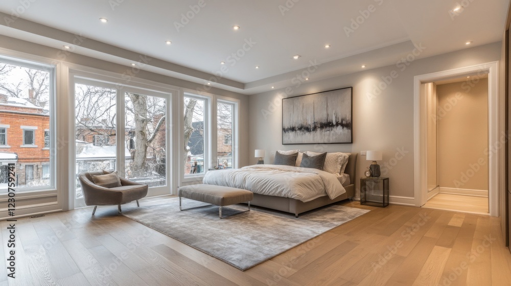 Fototapeta premium Modern Bedroom Interior Design with Large Windows and Hardwood Floors