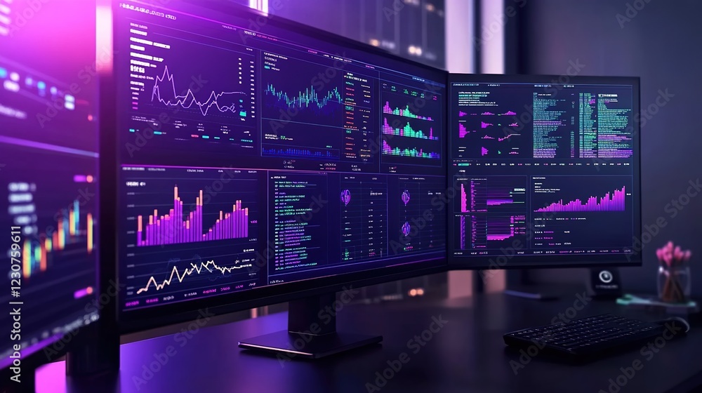 A futuristic dashboard displaying real-time data and analytics for market performance, featuring vibrant graphs and charts on multiple screens in an office setting. A futuristic dashboard displaying real-time data and analytics for market performance, featuring vibrant graphs and charts on multiple screens in an office setting.