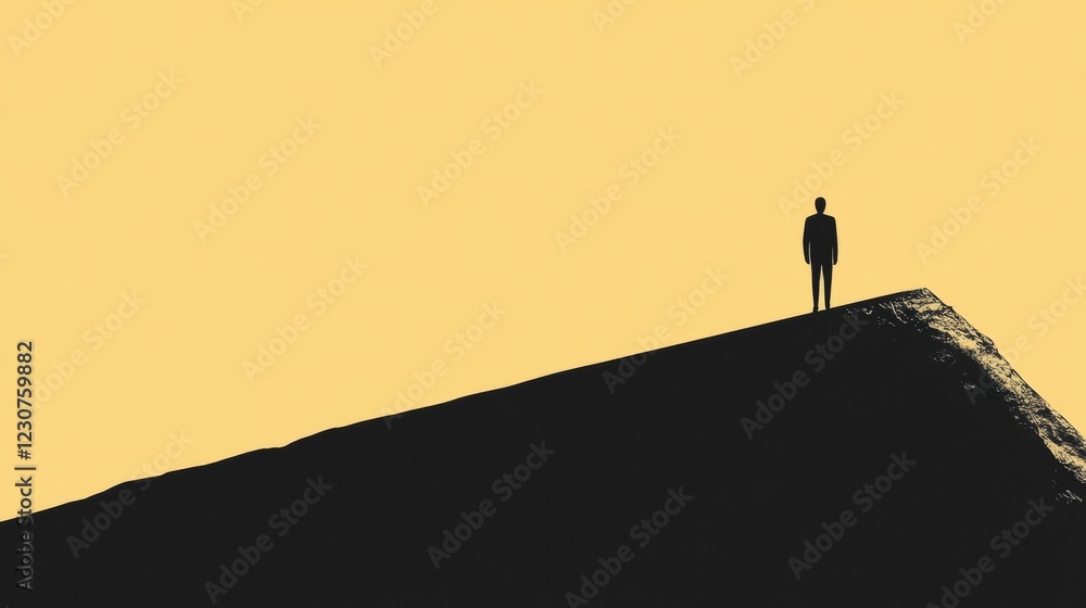 Silhouette of a person standing on a hilltop against a yellow sky.