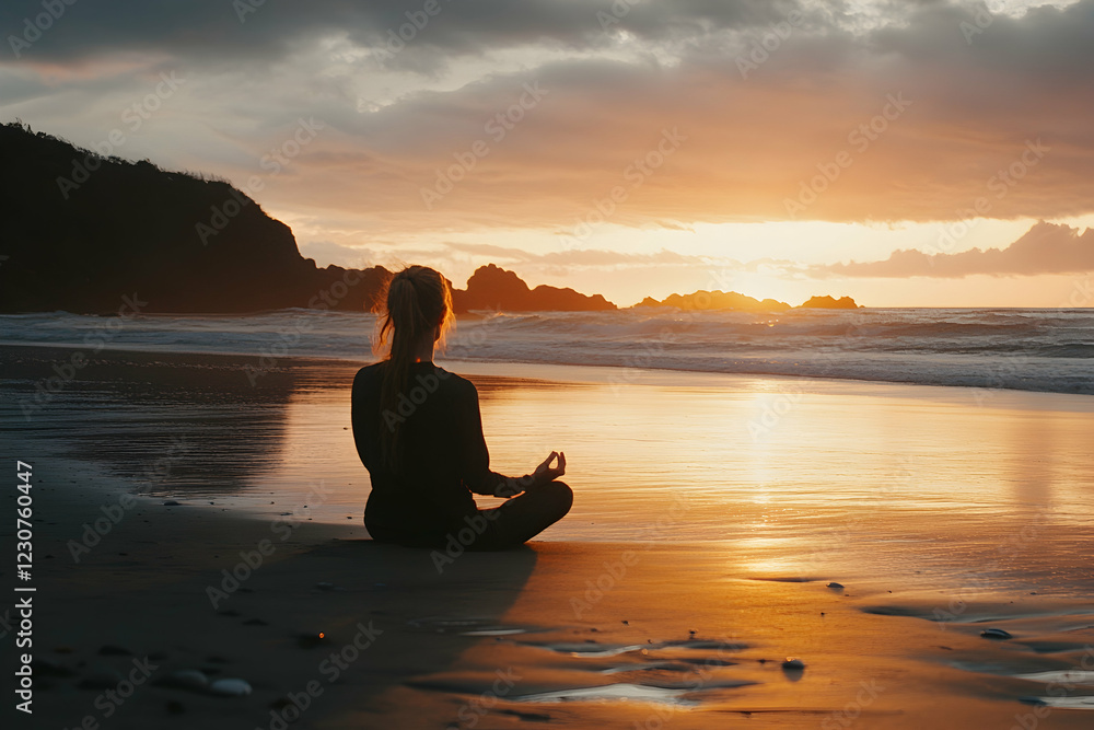 Woman Meditating on a Beach at Sunset for Inner Peace and Balance Woman Meditating on a Beach at Sunset for Inner Peace and Balance