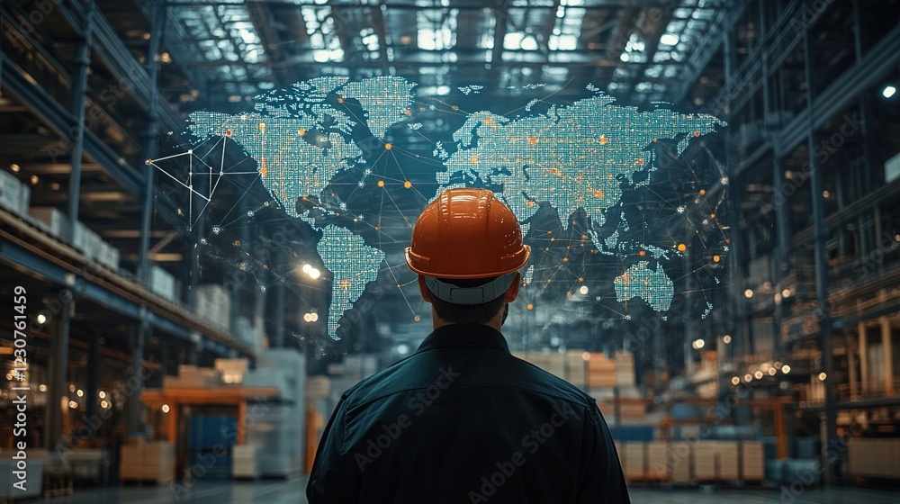 A man in an orange helmet stands inside the warehouse. Behind him is a world map with global and digital connections between villages. A man in an orange helmet stands inside the warehouse. Behind him is a world map with global and digital connections between villages.