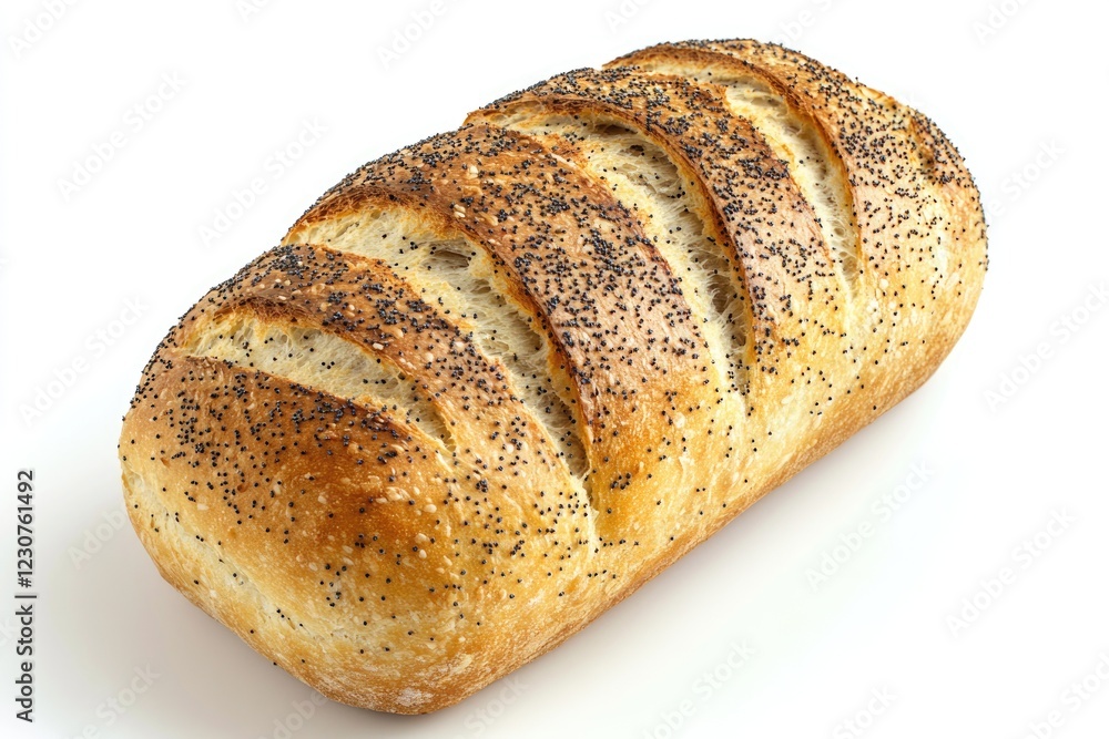 A golden-brown loaf of poppy seed bread, freshly baked and scored. A golden-brown loaf of poppy seed bread, freshly baked and scored.
