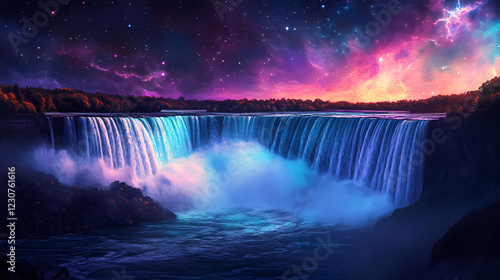 Explore the breathtaking beauty of niagara falls under a starry sky with vibrant colors and mystical atmosphere. Enchanted Falls. Illustration