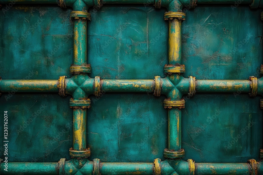 Teal grunge background with intersecting aged pipes forming a grid pattern.