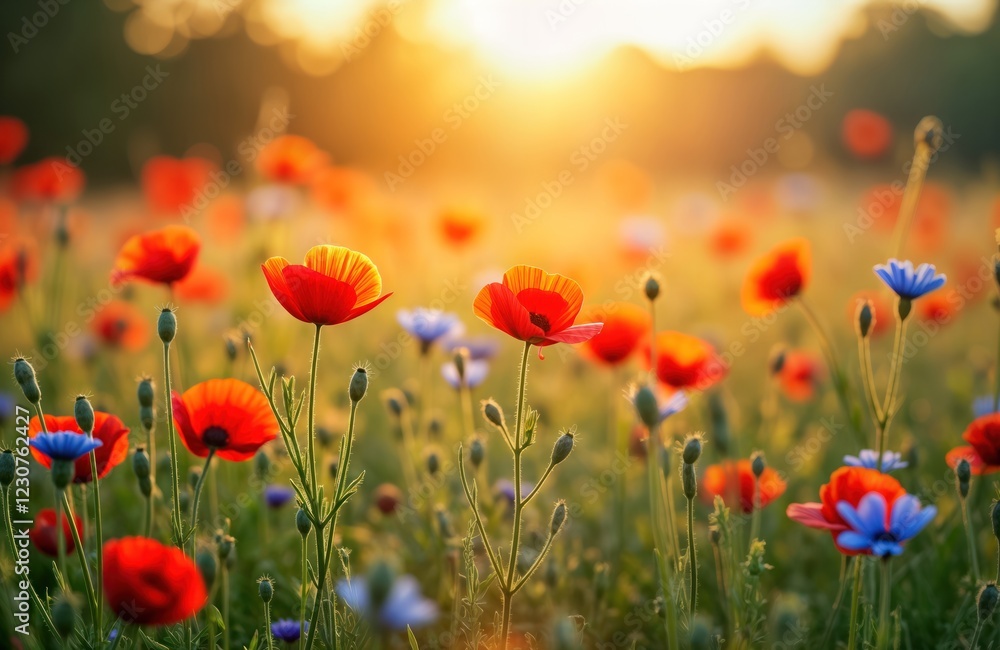Naklejka premium Beautiful wildflowers in summer meadow. Red poppies and blue flowers bloom under golden sunset light. Nature scene is full of colorful wild flowers. Perfect summer day in countryside.