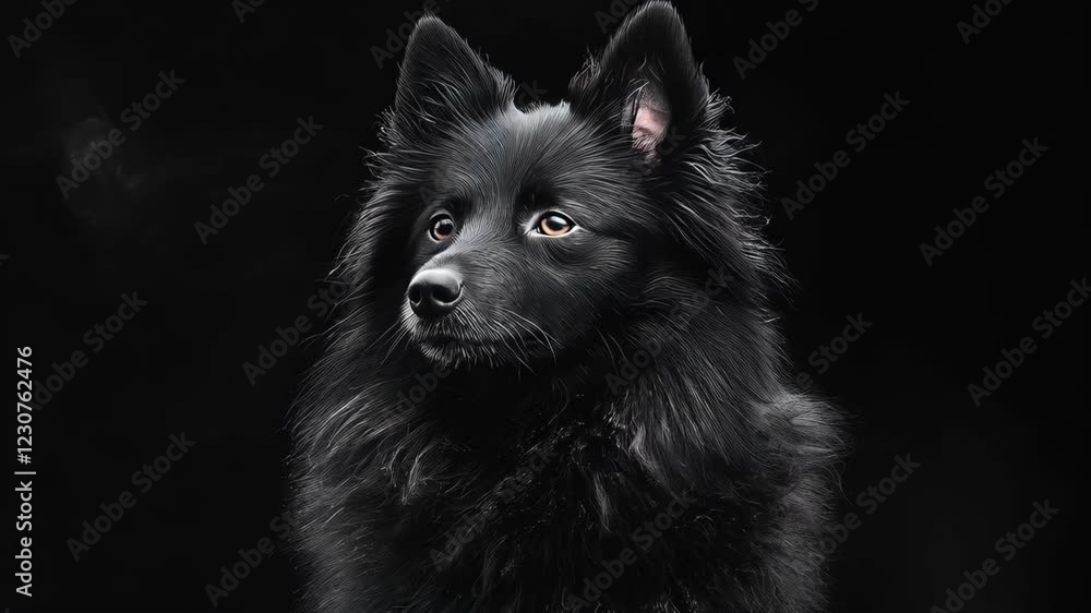 Majestic black dog emerging from billowing smoke in dark atmosphere Majestic black dog emerging from billowing smoke in dark atmosphere