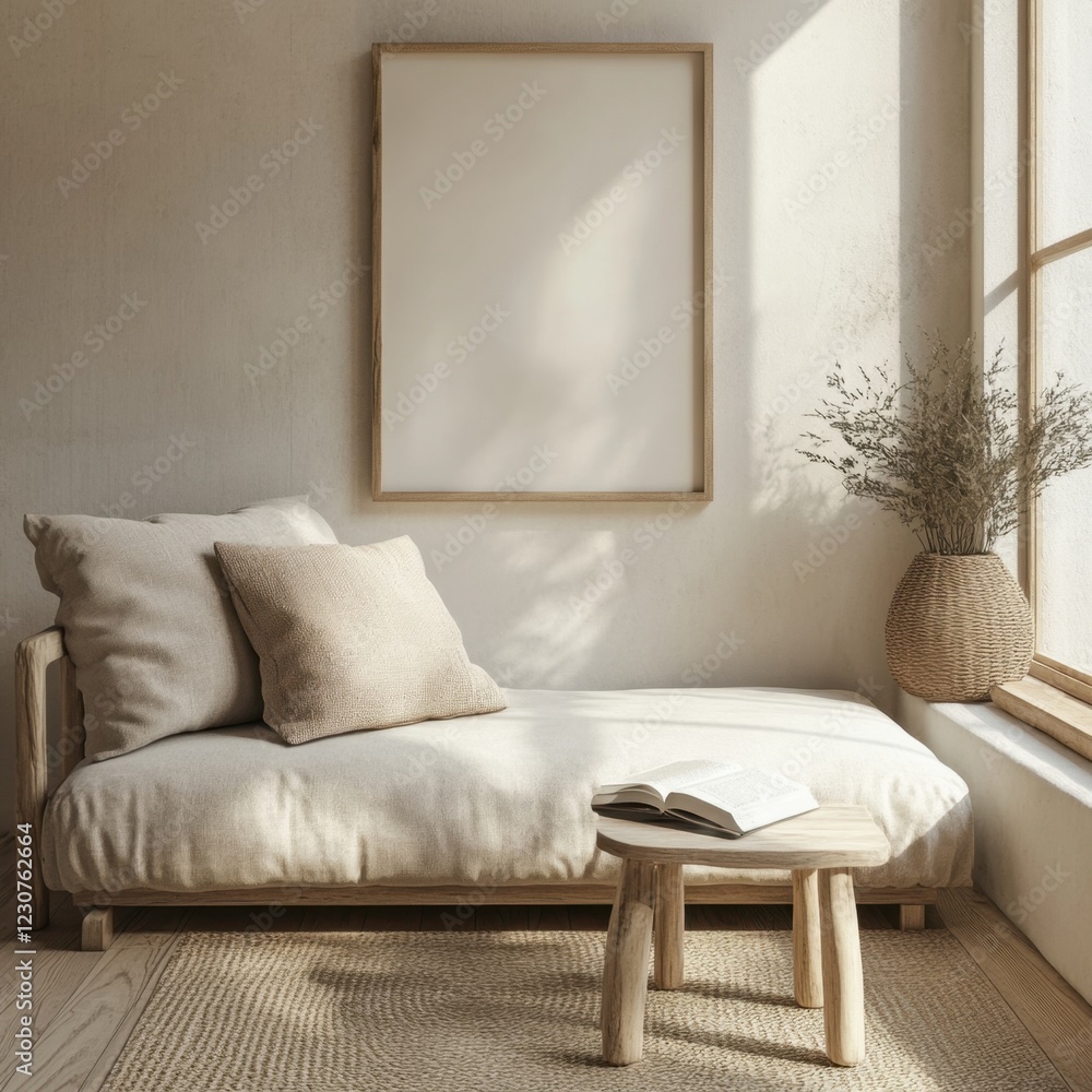 A white couch with pillows and a book on it. A picture frame is on the wall A white couch with pillows and a book on it. A picture frame is on the wall