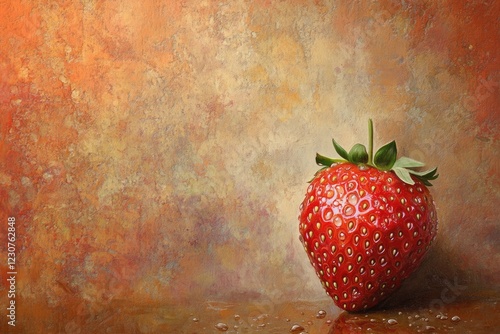 A single, glistening strawberry rests on a textured, ochre background, reflecting light and water droplets. photo