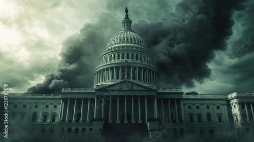 The Capitol building in Washington, DC, with an American flag flying, dark clouds and smoke all around the House of Representatives