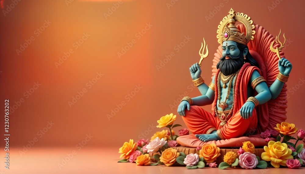 Obraz premium Vishwakarma Puja illustration of powerful god. Colorful roses, flowers surround divine figure. Traditional Indian design. Spiritual, religious art piece. Hindu deity. Festival background design.