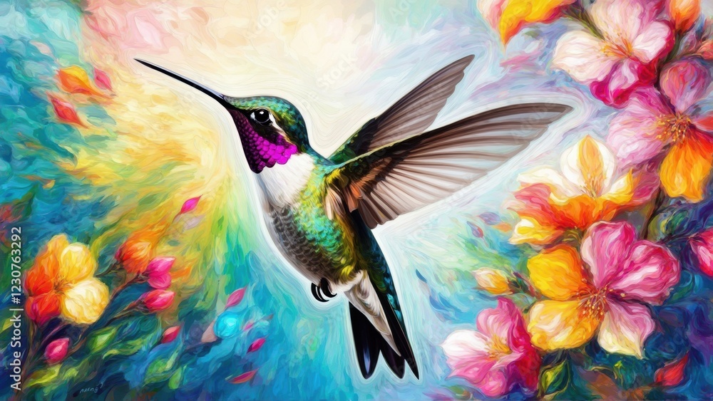 Obraz premium Hummingbird in vibrant flowers surrounded by colorful nature scenery