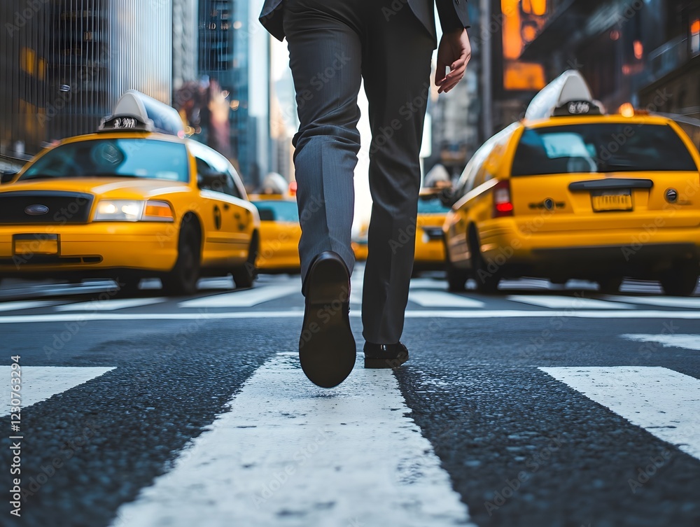 A business casual individual in formal trousers walks on a zebra crossing in an urban landscape surrounded by city taxis A business casual individual in formal trousers walks on a zebra crossing in an urban landscape surrounded by city taxis