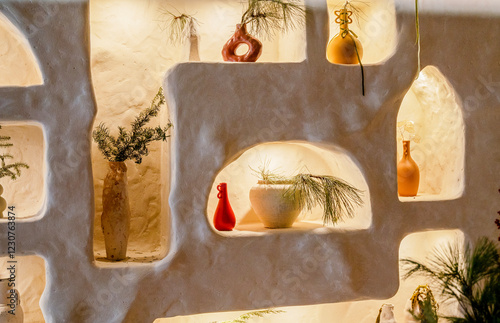 decorative wall with backlight and arches in which vases stand. photo