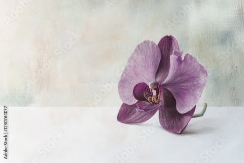 A single, vibrant purple orchid rests delicately on a textured white surface against a muted background.