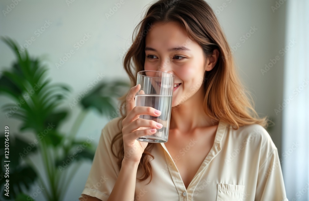 Young woman drinks fresh water from glass indoors. Smiles happily. Healthy lifestyle concept. Morning scene in kitchen home environment. Woman looks happy, healthy. Holds glass full of clean water. Young woman drinks fresh water from glass indoors. Smiles happily. Healthy lifestyle concept. Morning scene in kitchen home environment. Woman looks happy, healthy. Holds glass full of clean water.