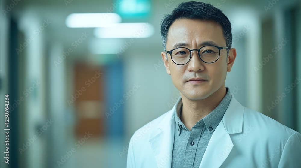 40-year-old male Asia doctor wearing a white coat, glasses, and a gray shirt, standing in a hospital hallway. 40-year-old male Asia doctor wearing a white coat, glasses, and a gray shirt, standing in a hospital hallway.