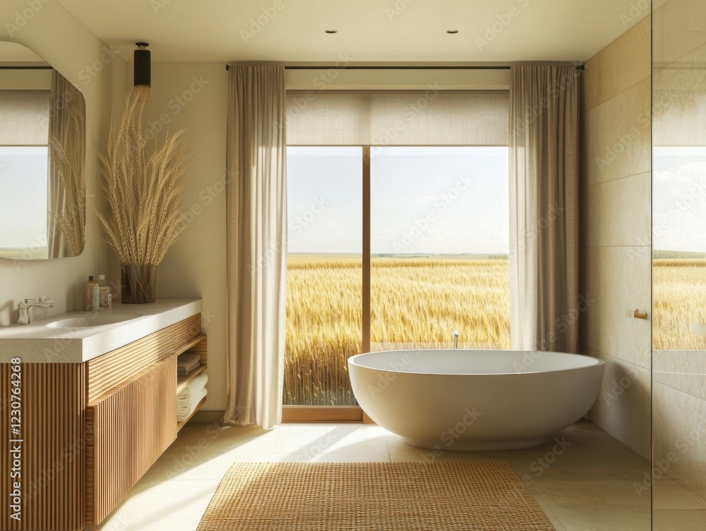 Fototapeta premium A bathroom with a bathtub and a mirror. The bathtub is white and the mirror is above it