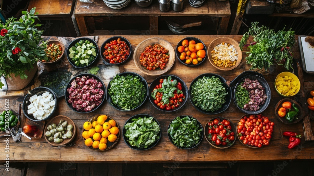 Fototapeta premium Overhead View of Colorful Fresh Salad Ingredients on Rustic Wooden Table