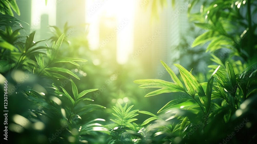A blurred background of green plants and skyscrapers, with sunlight shining through the leaves onto them. A blurred background of green plants and skyscrapers, with sunlight shining through the leaves onto them.