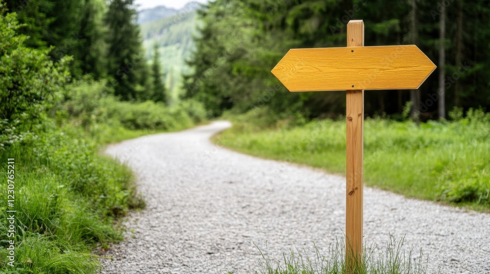 Rustic Wooden Signpost Indicating Directions on a Scenic Gravel Path Surrounded by Lush Green Forest Landscape Rustic Wooden Signpost Indicating Directions on a Scenic Gravel Path Surrounded by Lush Green Forest Landscape