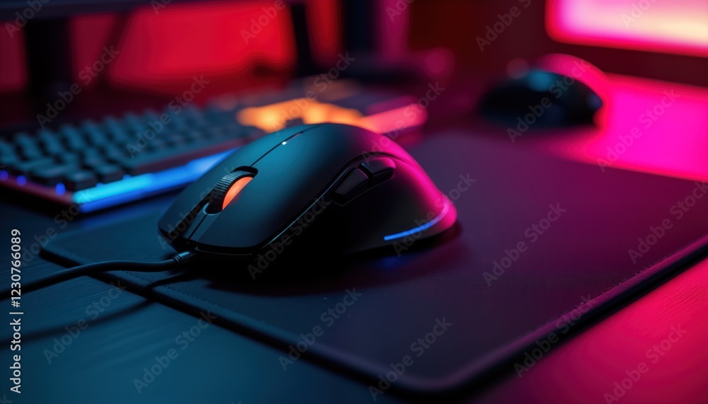 Gamer setup with RGB illuminated mouse, mousepad on dark table. Modern tech devices for playing video games. Dark room. Gaming tech equipment. Focus on peripheral tech. Dark atmosphere. Wired Gamer setup with RGB illuminated mouse, mousepad on dark table. Modern tech devices for playing video games. Dark room. Gaming tech equipment. Focus on peripheral tech. Dark atmosphere. Wired