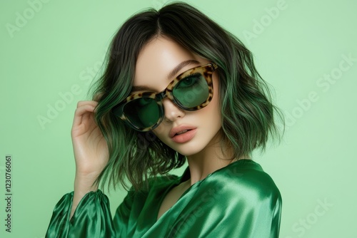 Wallpaper Mural Stylish woman with green hair and sunglasses, posing against a mint green background. Torontodigital.ca