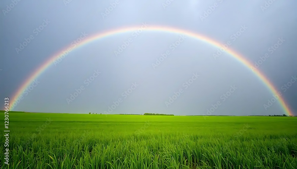 Rainbow Arcs Over Lush Green Field Rainbow Arcs Over Lush Green Field