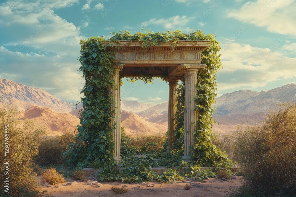 Fototapeta premium Overgrown ancient stone archway stands majestically against a backdrop of sun-drenched mountains.