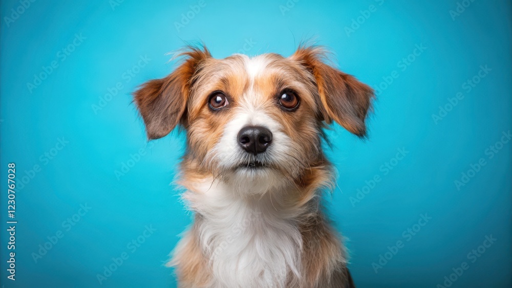 Adorable Mixed Breed Dog on Blue Background, dog breed mix, soft focus Adorable Mixed Breed Dog on Blue Background, dog breed mix, soft focus