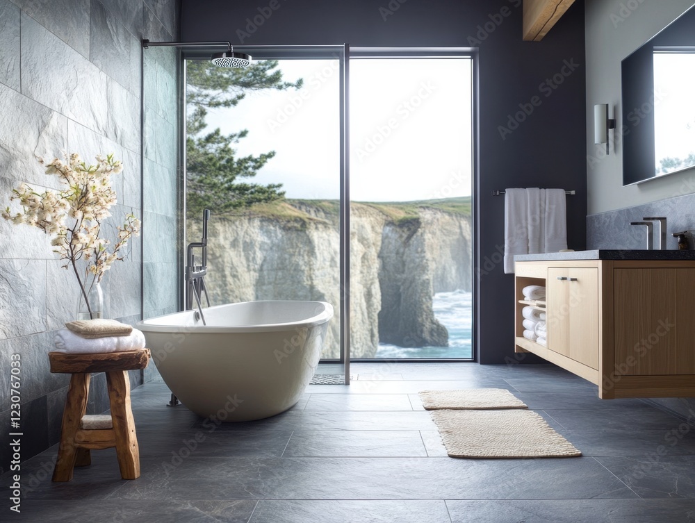 Fototapeta premium A bathroom with a bathtub and a window. The bathtub is white and the window is open