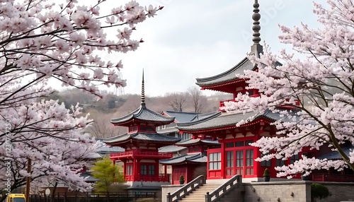 Wallpaper Mural Red Pagoda Amidst Blossoming Cherry Trees Torontodigital.ca