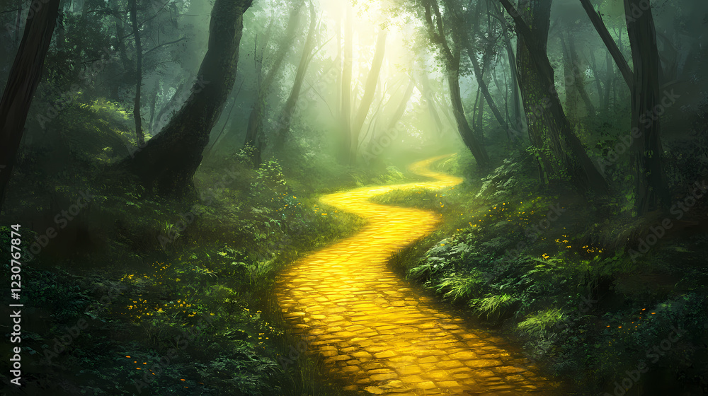 Obraz premium A winding yellow brick road leads through a misty forest, with sunlight filtering through the trees. Enchanted Falls. Illustration