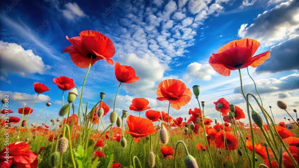 Naklejka premium A field of bright red poppies swaying gently in the wind