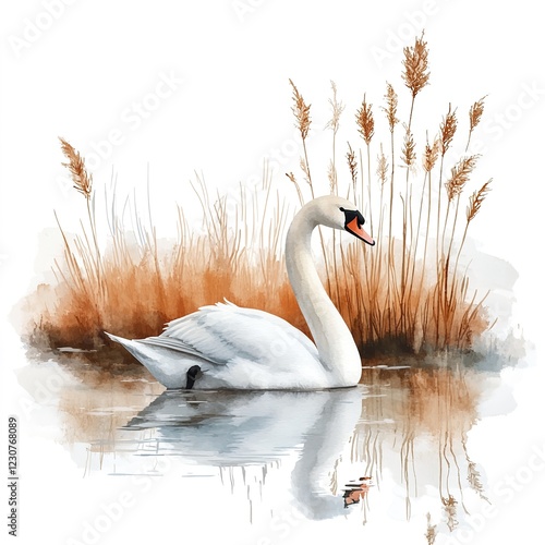 Fototapeta Naklejka Na Ścianę i Meble -  Watercolor painting of a white swan on a lake with reeds, in a clipart style, isolated on a solid background. 