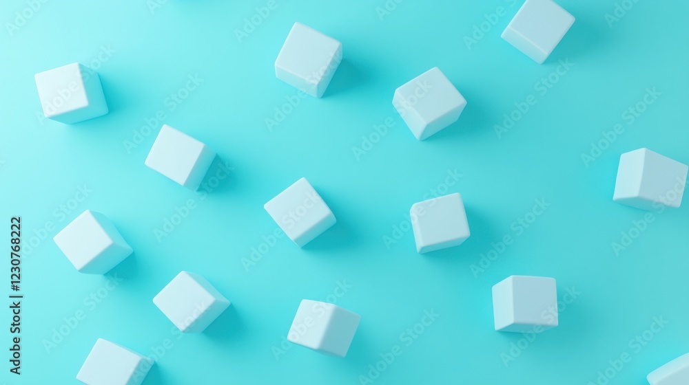 Light blue cubes scattered on a pastel blue background. Light blue cubes scattered on a pastel blue background.