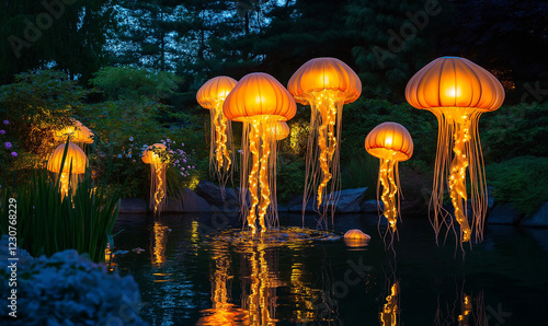 Wallpaper Mural Glowing Jellyfish Lanterns Suspended Over a Clear, Tranquil Ocean for a Magical Ambiance Torontodigital.ca