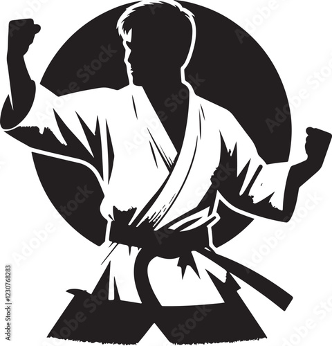 black and white logo with taekwondo and karate people in kimono