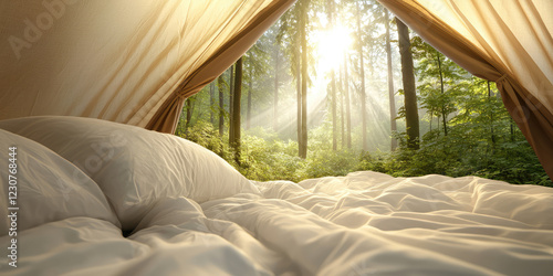 Cozy tent interior, soft bedding with pillows, warmth and comfortable sleeping place for sleeping in the forest in a tent