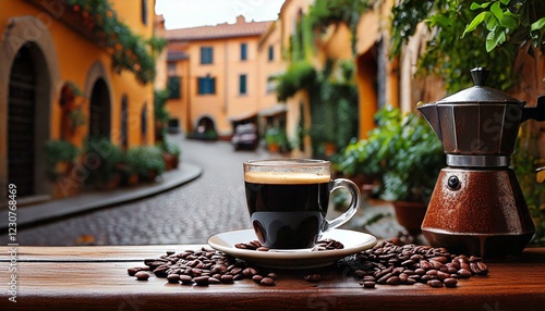 Filiżanka z kawą, ziarna kawy oraz kawiarka stojące na drewnianym blacie. W t...