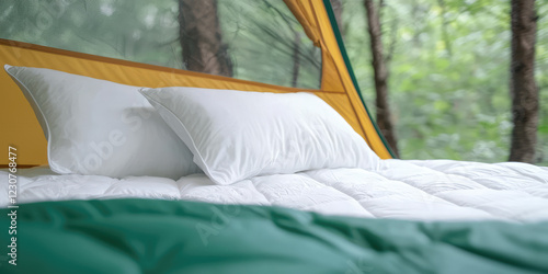 Cozy tent interior, soft bedding with pillows, warmth and comfortable sleeping place for sleeping in the forest in a tent
