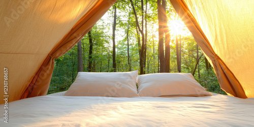 Cozy tent interior, soft bedding with pillows, warmth and comfortable sleeping place for sleeping in the forest in a tent